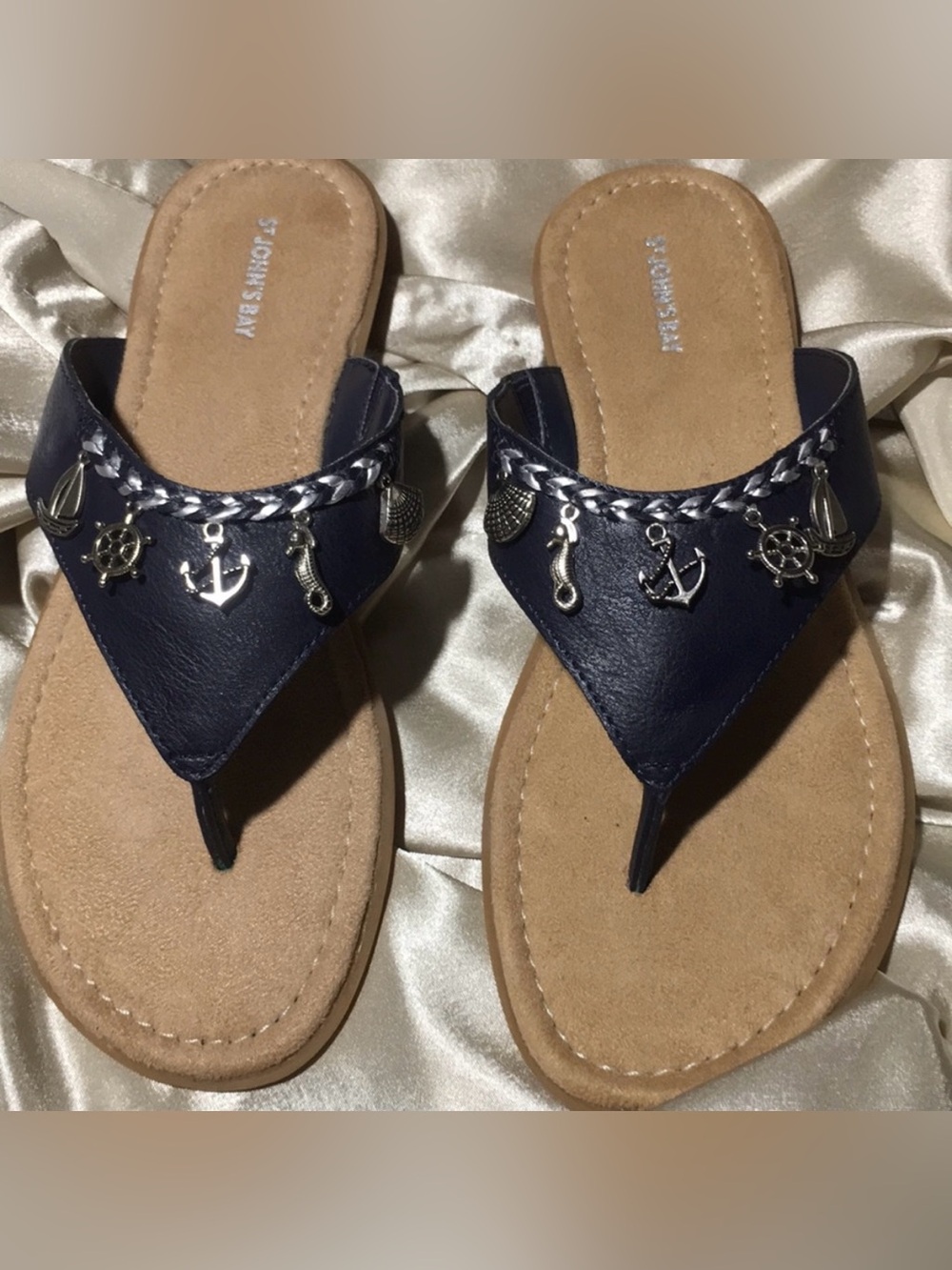 SHOES SANDALS SZ 5.5 THONGS NAUTICAL NAVY Blue METAL SJB Untie Fit like 6